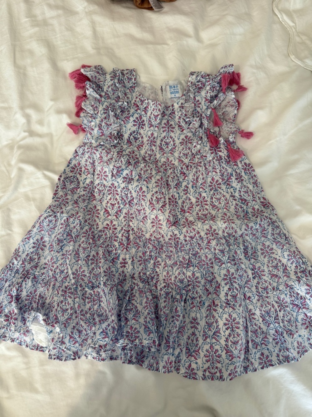 Mori Kids Pink Floral Tassel Ruffle Dress